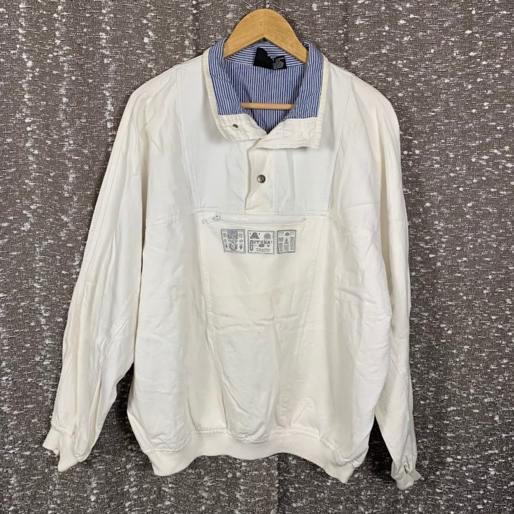 Vintage 90s Gotcha Surf Pullover Jacket Mens L Canvas Snap Collar Anorak White